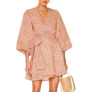 MINKPINK Morwell Cotton Mini Wrap Dress Puff Sleeves Crinkle Crepe XL Fits Med